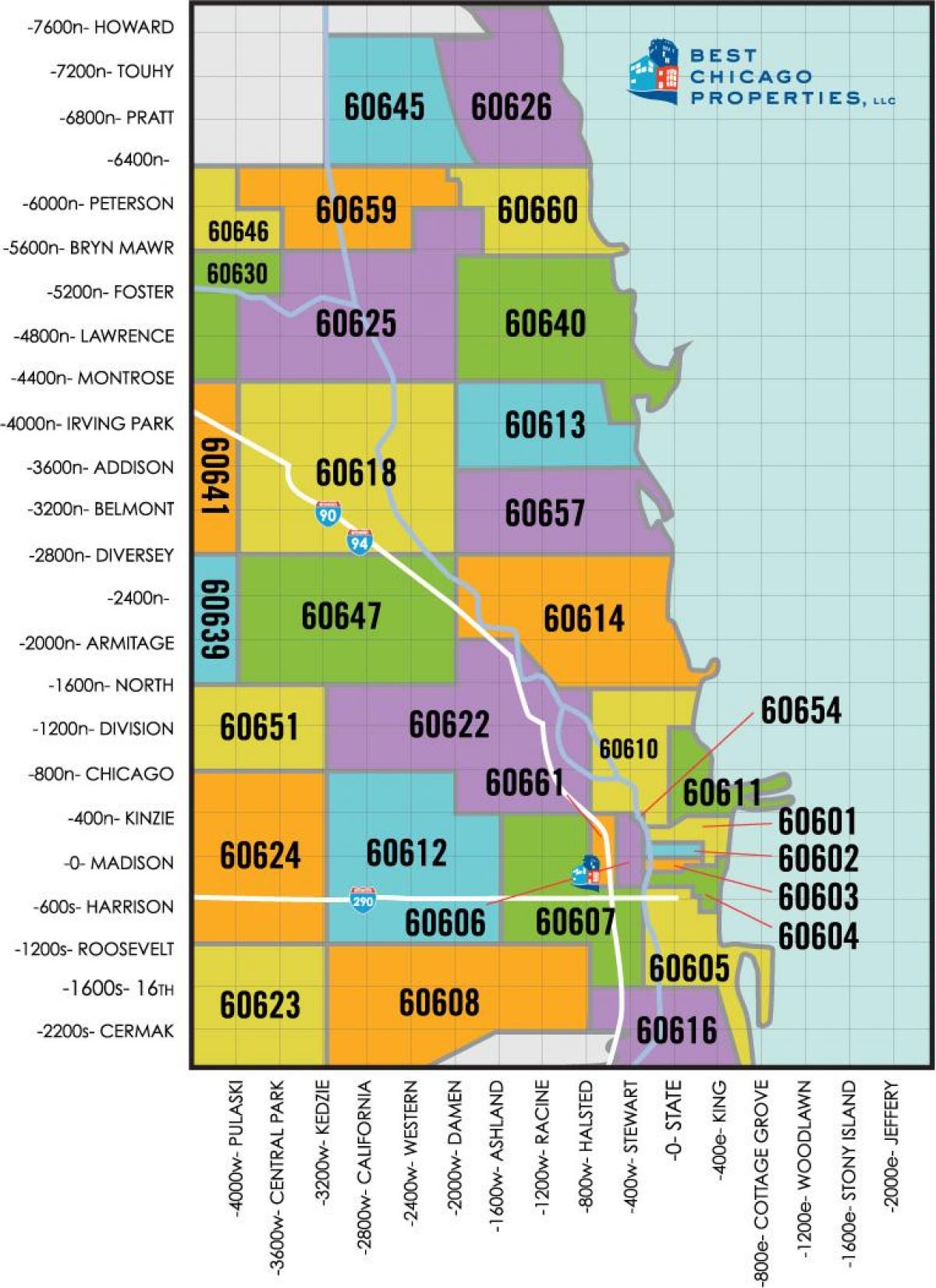 शिकागो क्षेत्र के ज़िप कोड का नक्शा