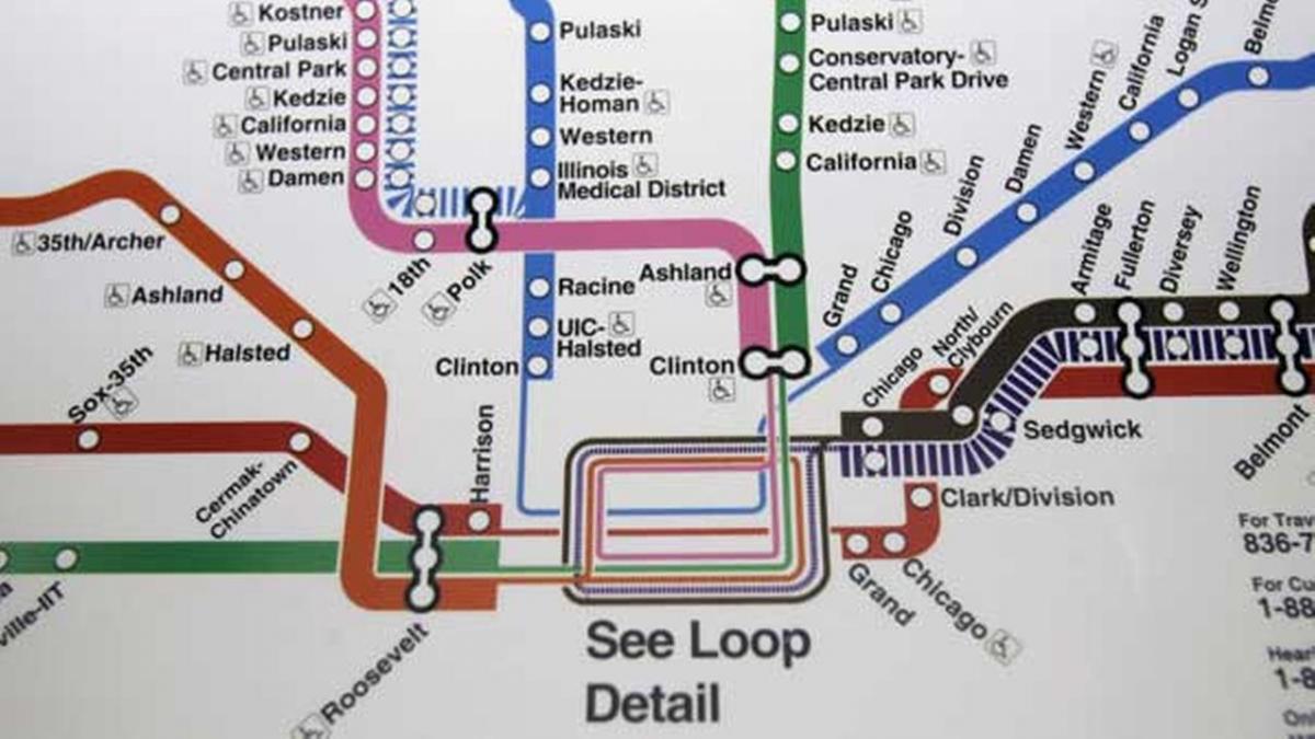 शिकागो मेट्रो का नक्शा नीले रंग की लाइन